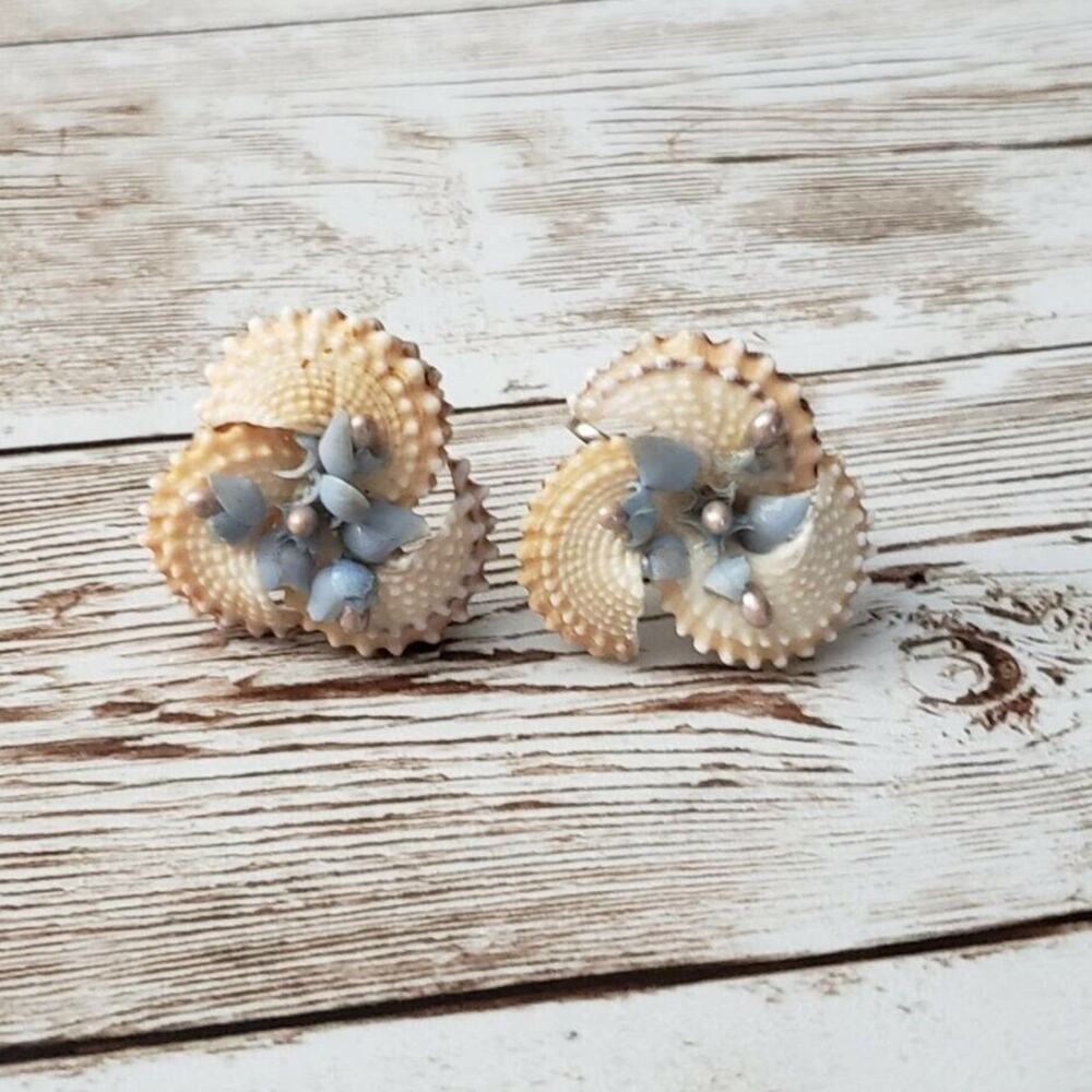 Vintage Screw On Earrings - Shell with Blue Detail